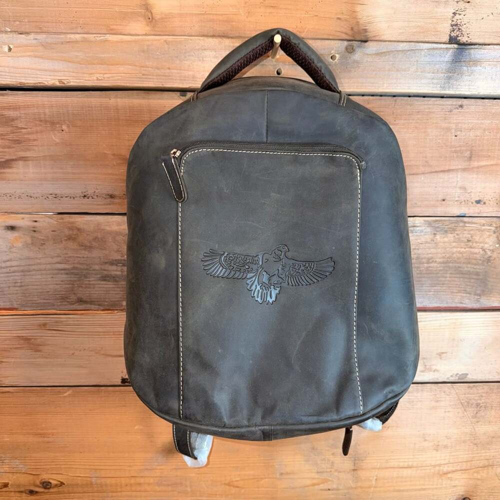 Vintage Eagle Embossed Leather Backpack Dark Brown 15 Inches